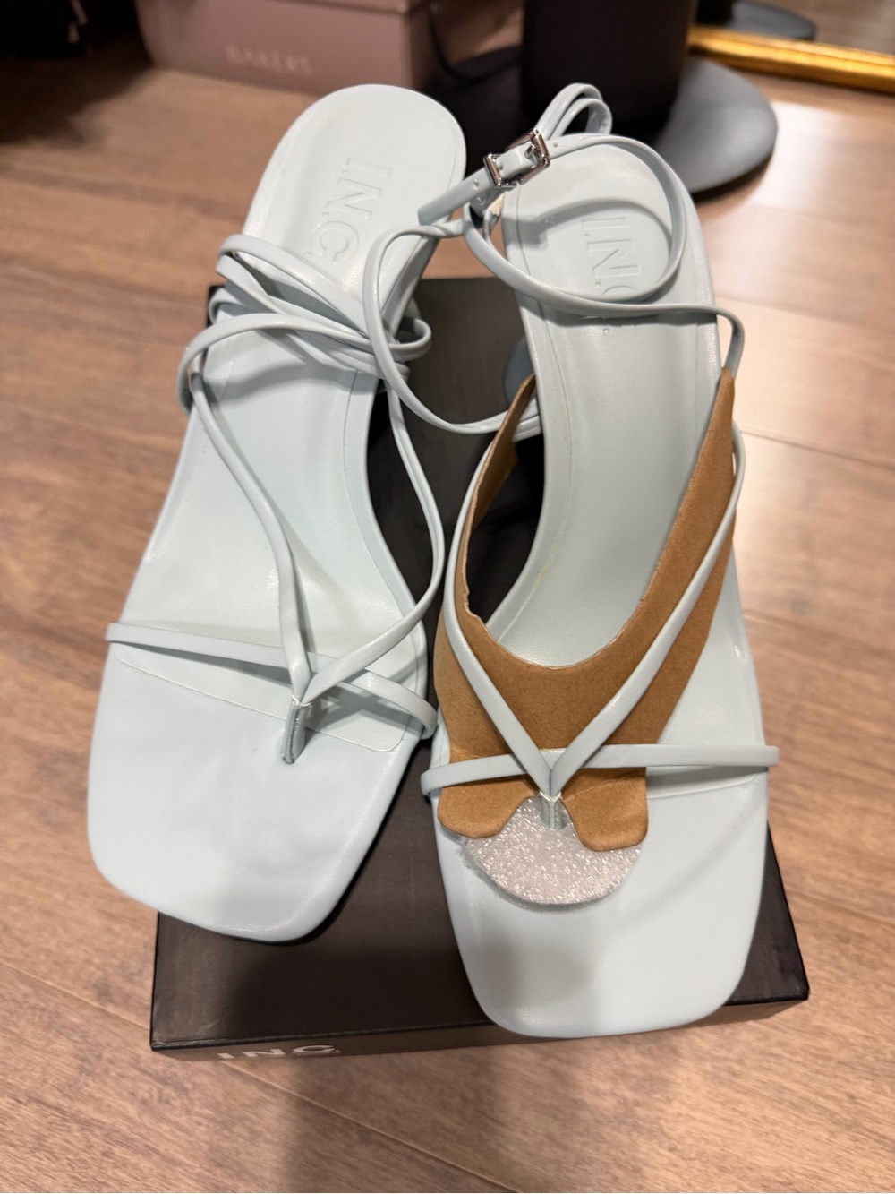 INC International Concepts Pale Blue Strappy Sandals with Tan Accent